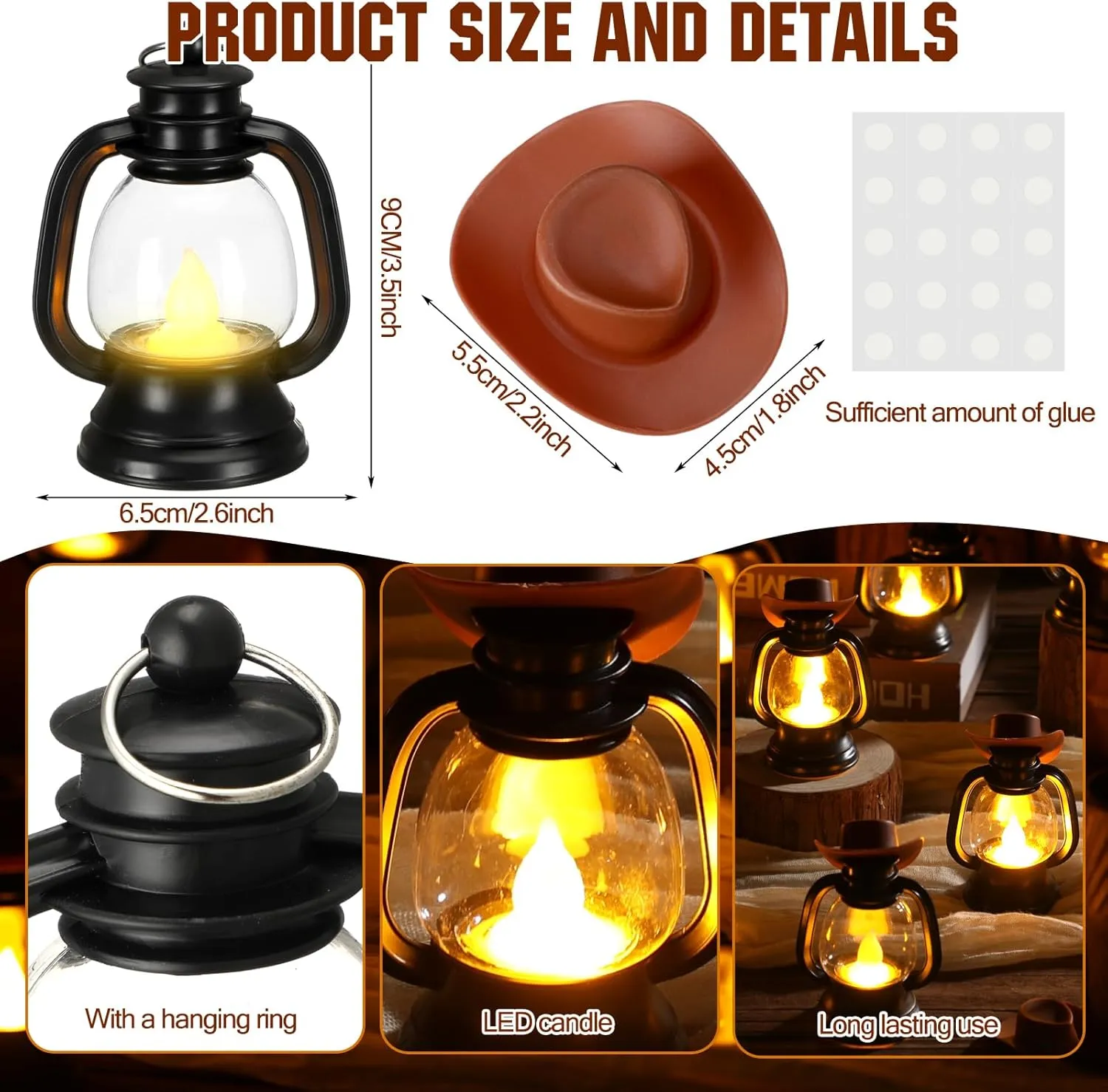ROCEEI 48 Pieces Cowboy Hats Mini Lantern Western Cowgirl Small Lantern Decoration Retro Tiny Lamp with LED Candle Hanging Table Centerpieces Decor for Wedding Birthday Party Favor (Brown)