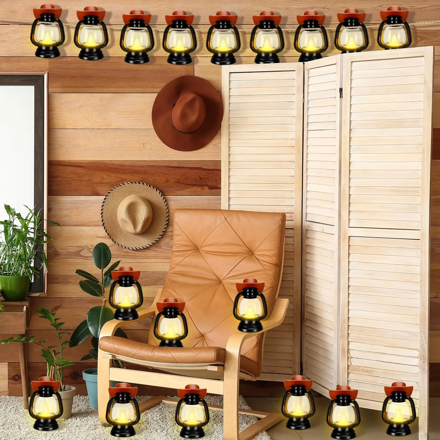 ROCEEI 48 Pieces Cowboy Hats Mini Lantern Western Cowgirl Small Lantern Decoration Retro Tiny Lamp with LED Candle Hanging Table Centerpieces Decor for Wedding Birthday Party Favor (Brown)