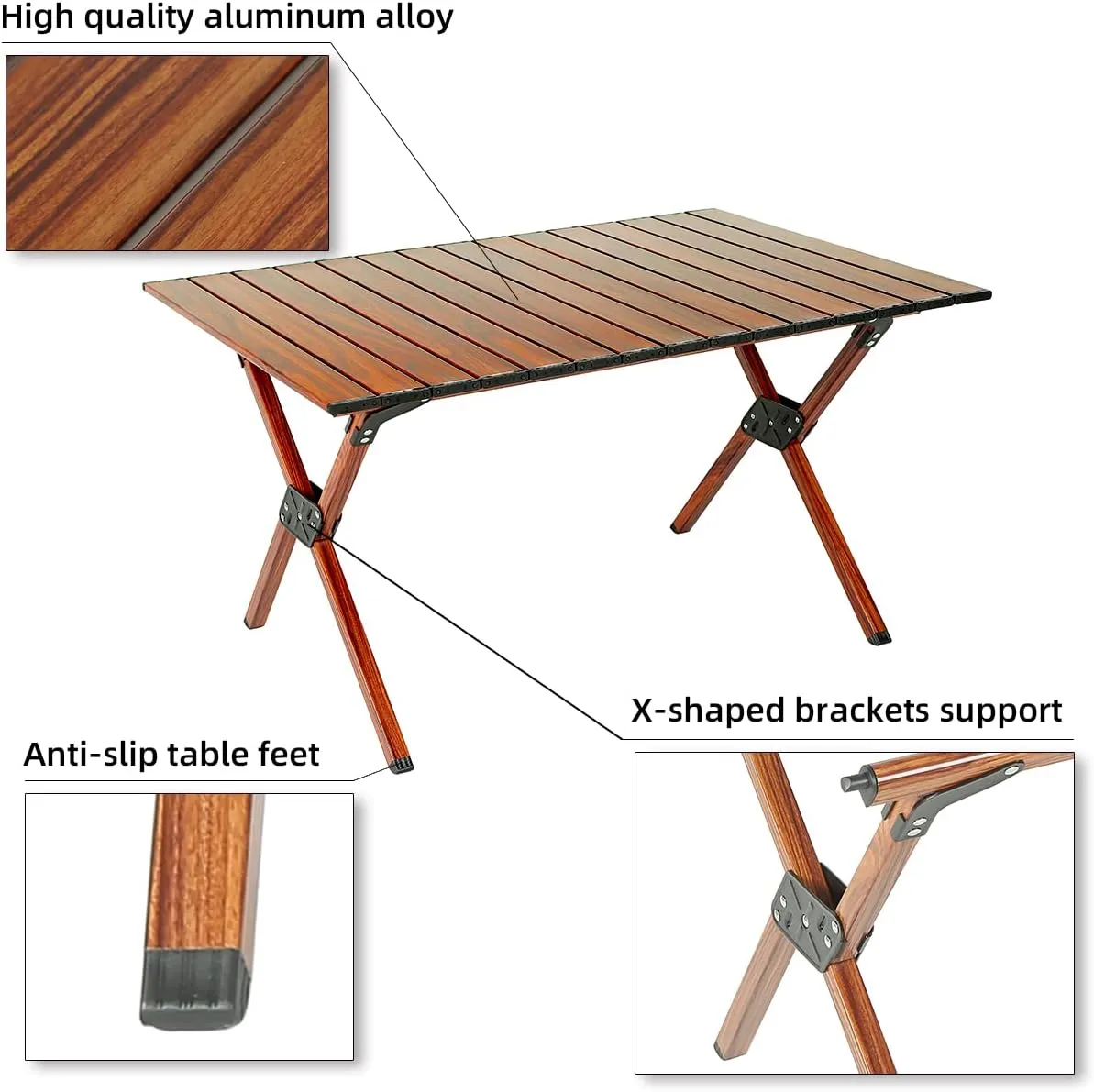 ROCK CLOUD Folding Camping Table Aluminum Portable Roll-Up Picnic Table 4-6 Person for BBQ Backyard Patio Party, 34x24 in, Wood Grain