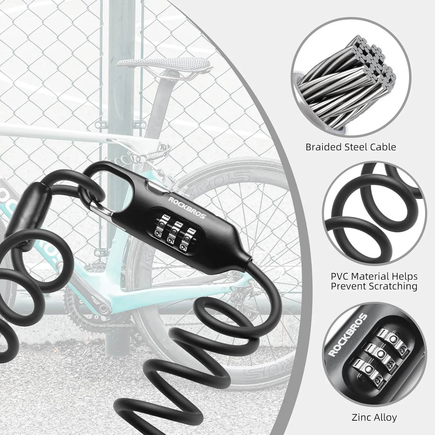 ROCKBROS Bike Lock Cable Combination Motorcycle Helmet Lock High Security Bicycle Lock - 6FT Long, Portable, Anti-Theft, for Scooter/Bicycle/Ebike