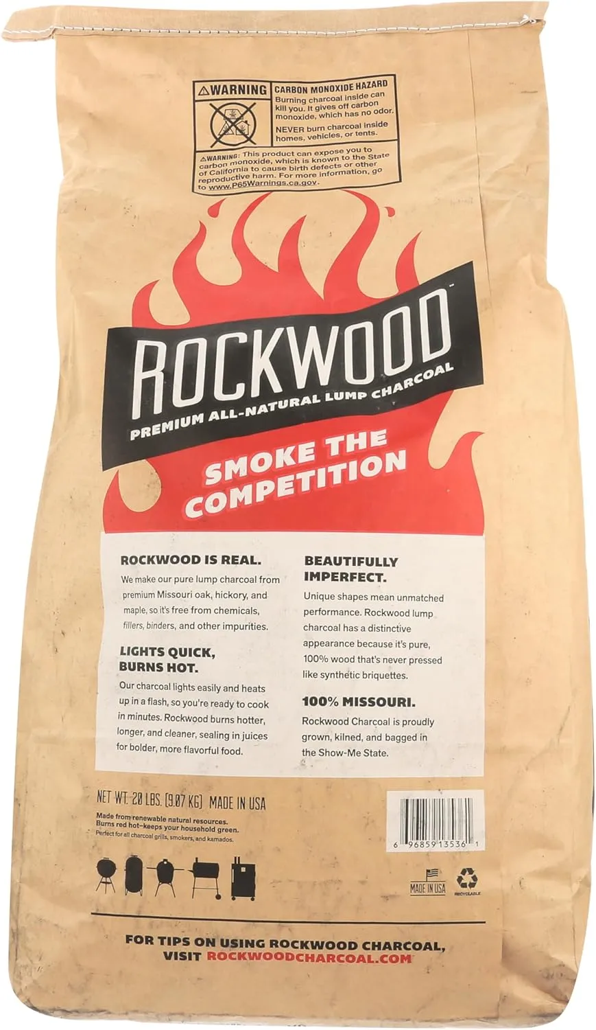 Rockwood Natural Lump Charcoal – Premium Oak, Hickory & Cherry Hardwood Blend for High-Heat Grilling & Slow Smoking – Compatible with Kettle & Kamado Grills, Clean Burning, Made in USA – 20lbs (1pk)