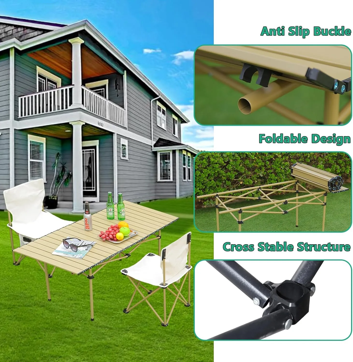Roll-Up Camping Table, Compact Aluminum Folding Tables with Carry Bag, Perfect for Camping, Beach, Travel, and Outdoor Cooking Wood Color 50×53×50cm/19.7×20.9×19.7in