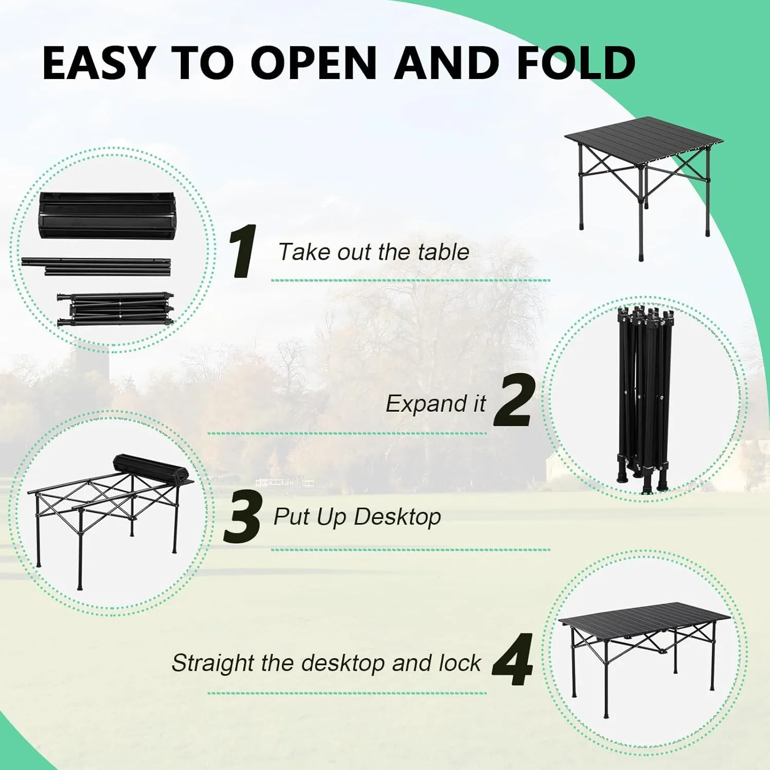 Roll-Up Camping Table, Compact Aluminum Folding Tables with Carry Bag, Perfect for Camping, Beach, Travel, and Outdoor Cooking Wood Color 50×53×50cm/19.7×20.9×19.7in