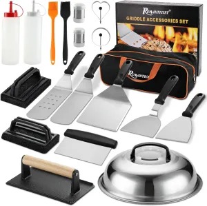 ROMANTICIST 19PCS Griddle Accessories Set - Flat Top Teppanyaki Spatula Set with Scraper, Basting Cover for Camp Chef- Home Cooking Griddle and Outdoor BBQ Gifts for Christmas