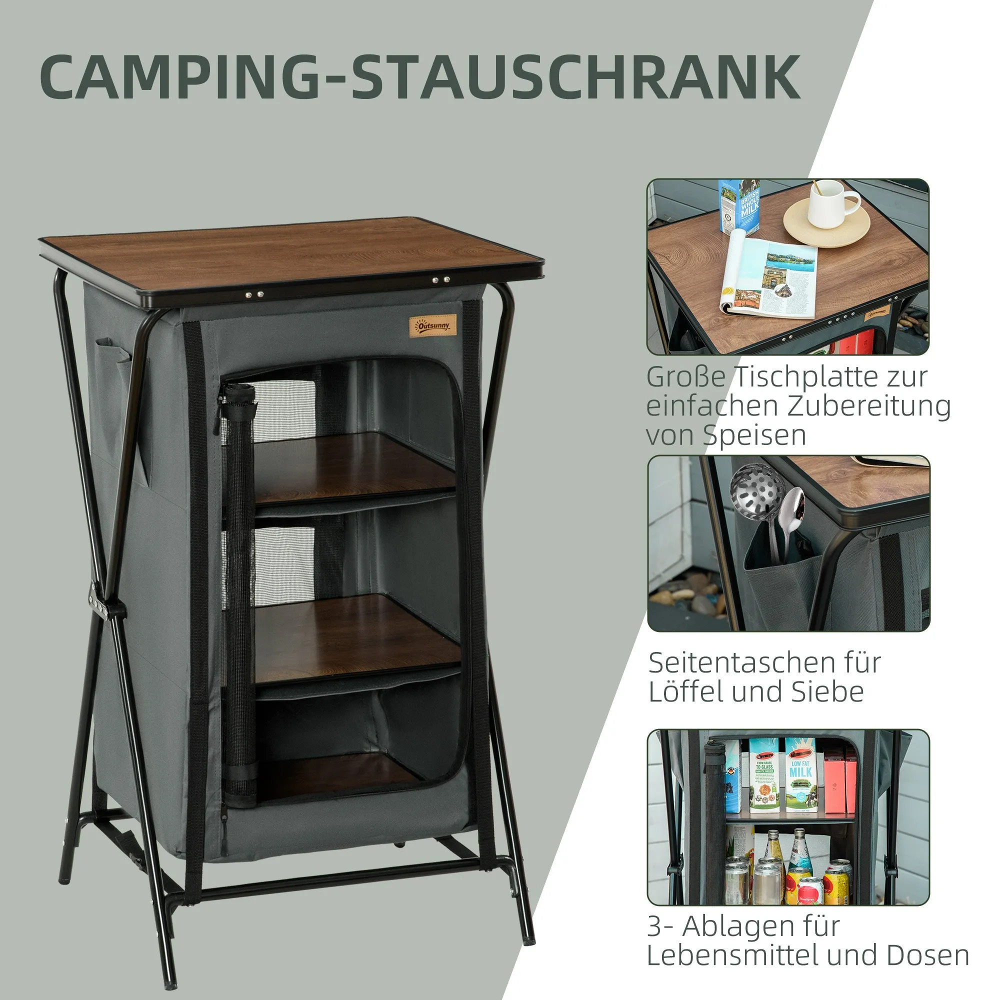 Rootz Camping Table - Portable Picnic Table - Foldable Outdoor Table - 3 Shelf Storage - Aluminum, Easy Setup - 60cm x 50cm x 99cm