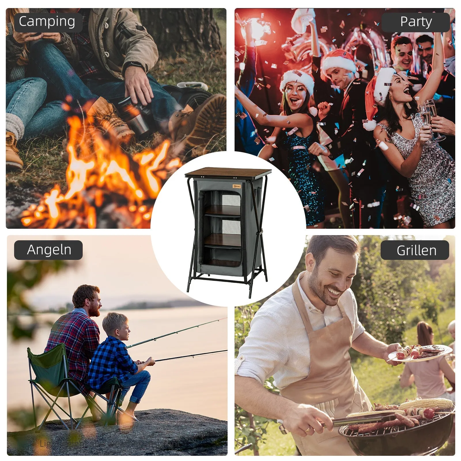 Rootz Camping Table - Portable Picnic Table - Foldable Outdoor Table - 3 Shelf Storage - Aluminum, Easy Setup - 60cm x 50cm x 99cm