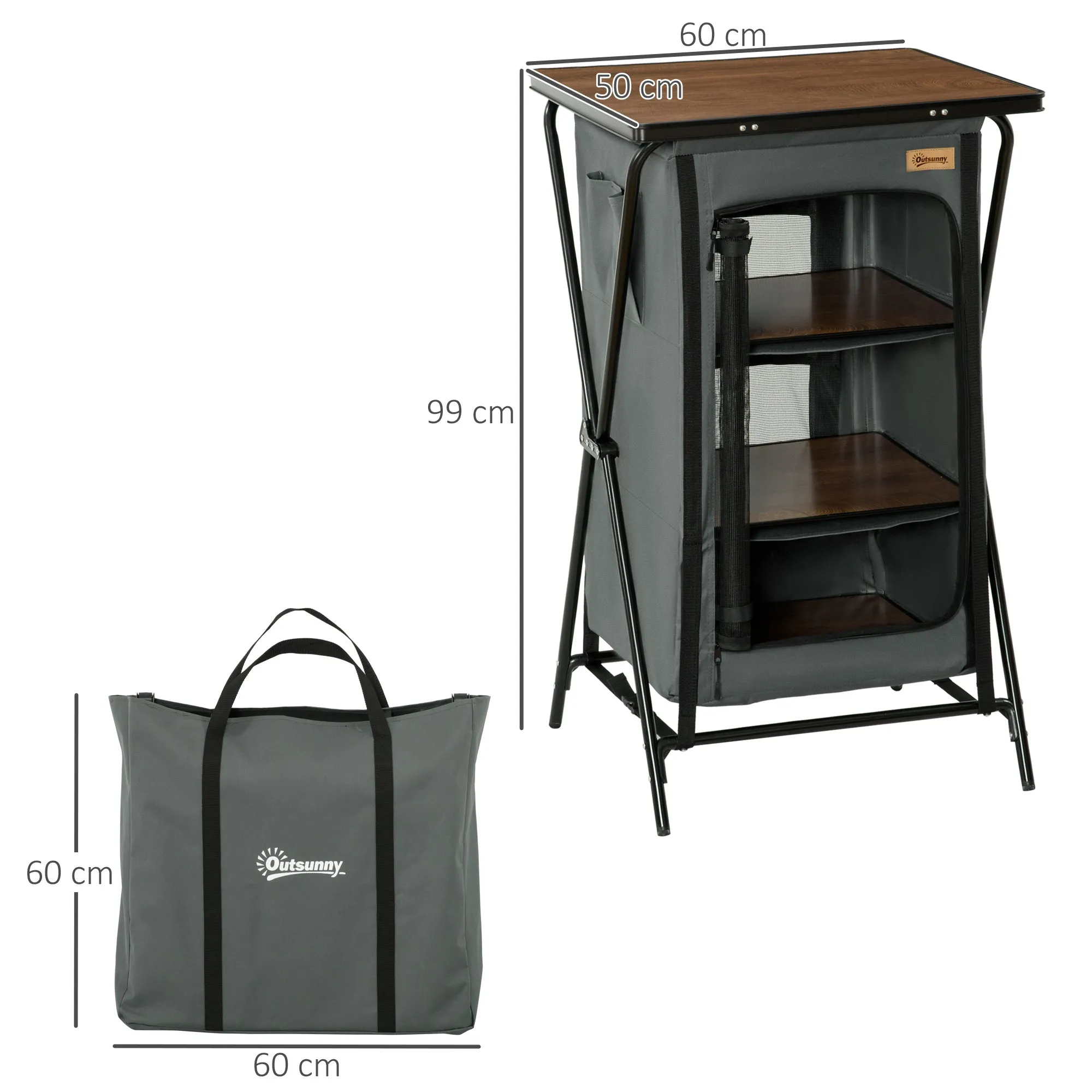 Rootz Camping Table - Portable Picnic Table - Foldable Outdoor Table - 3 Shelf Storage - Aluminum, Easy Setup - 60cm x 50cm x 99cm