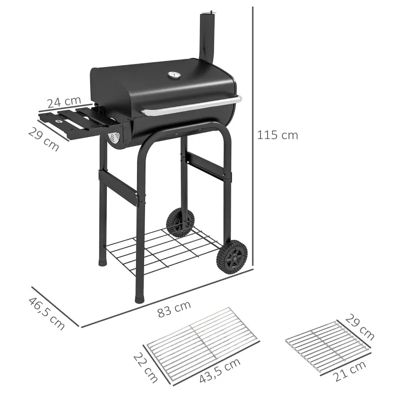 Rootz Charcoal Grill Smoker BBQ - Outdoor Grill - Barbecue Grill - Large Grill Surface - Integrated Thermometer - Convenient Storage - 83cm x 46.5cm x 115cm - Black
