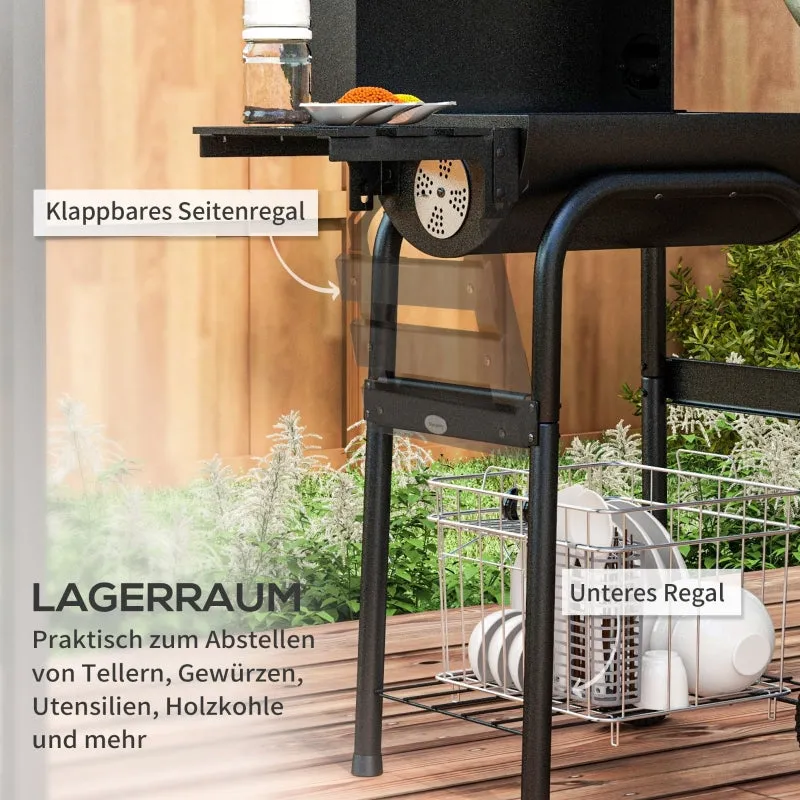 Rootz Charcoal Grill Smoker BBQ - Outdoor Grill - Barbecue Grill - Large Grill Surface - Integrated Thermometer - Convenient Storage - 83cm x 46.5cm x 115cm - Black
