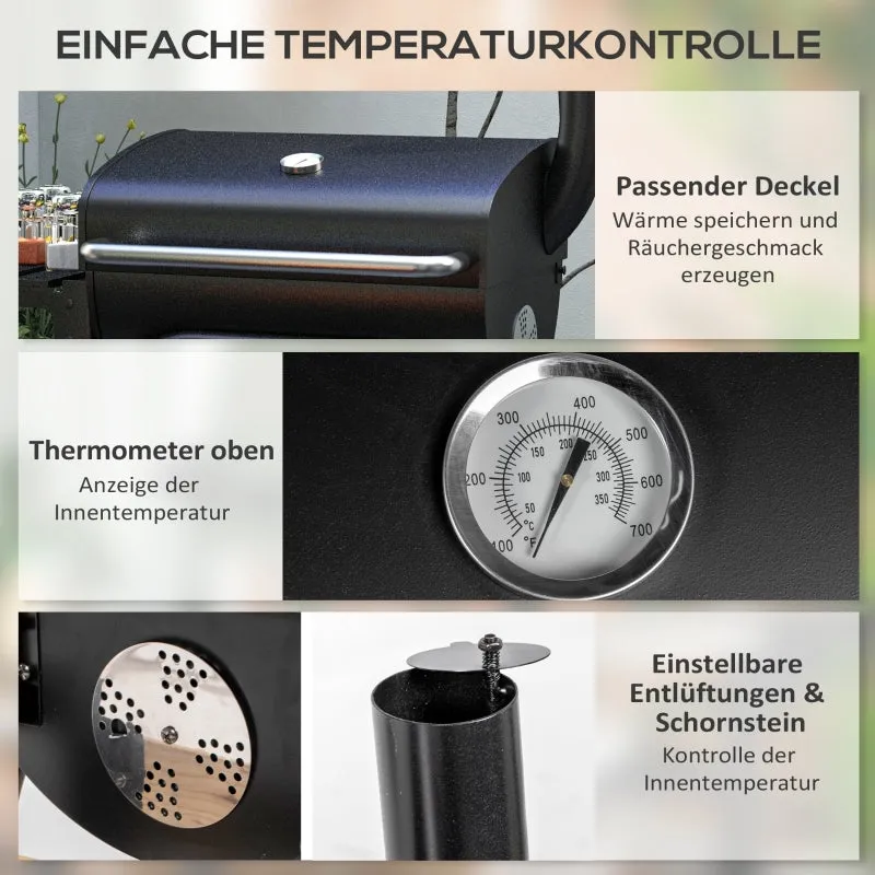 Rootz Charcoal Grill Smoker BBQ - Outdoor Grill - Barbecue Grill - Large Grill Surface - Integrated Thermometer - Convenient Storage - 83cm x 46.5cm x 115cm - Black