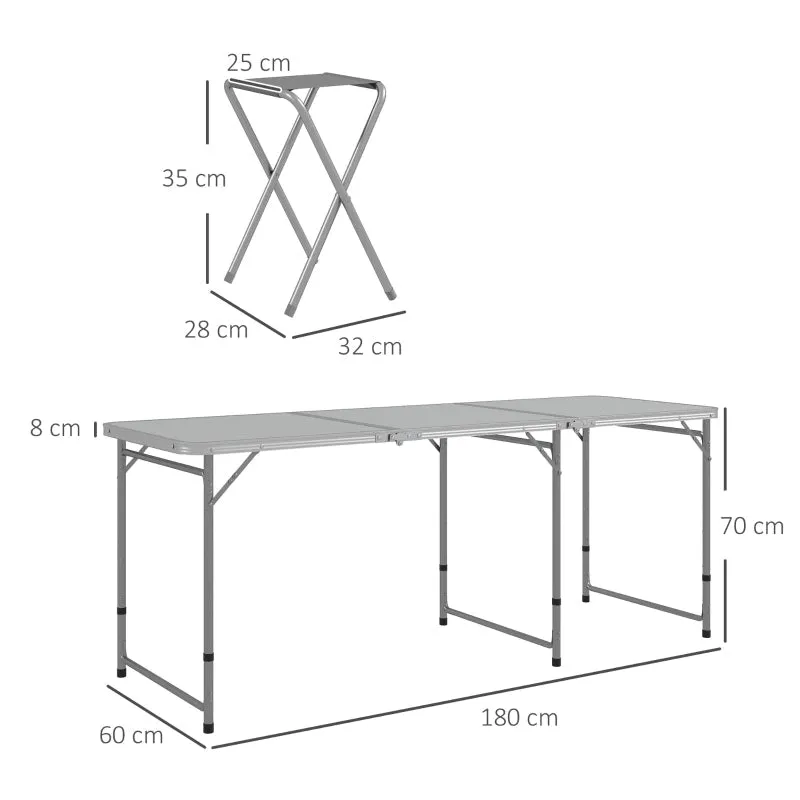 Rootz Picnic Set Folding Table with Chairs - Portable Dining Set - Outdoor Furniture - Comfort, Durability, Convenience - 180cm x 60cm x 70cm Table, 32cm x 28cm x 35cm Chairs