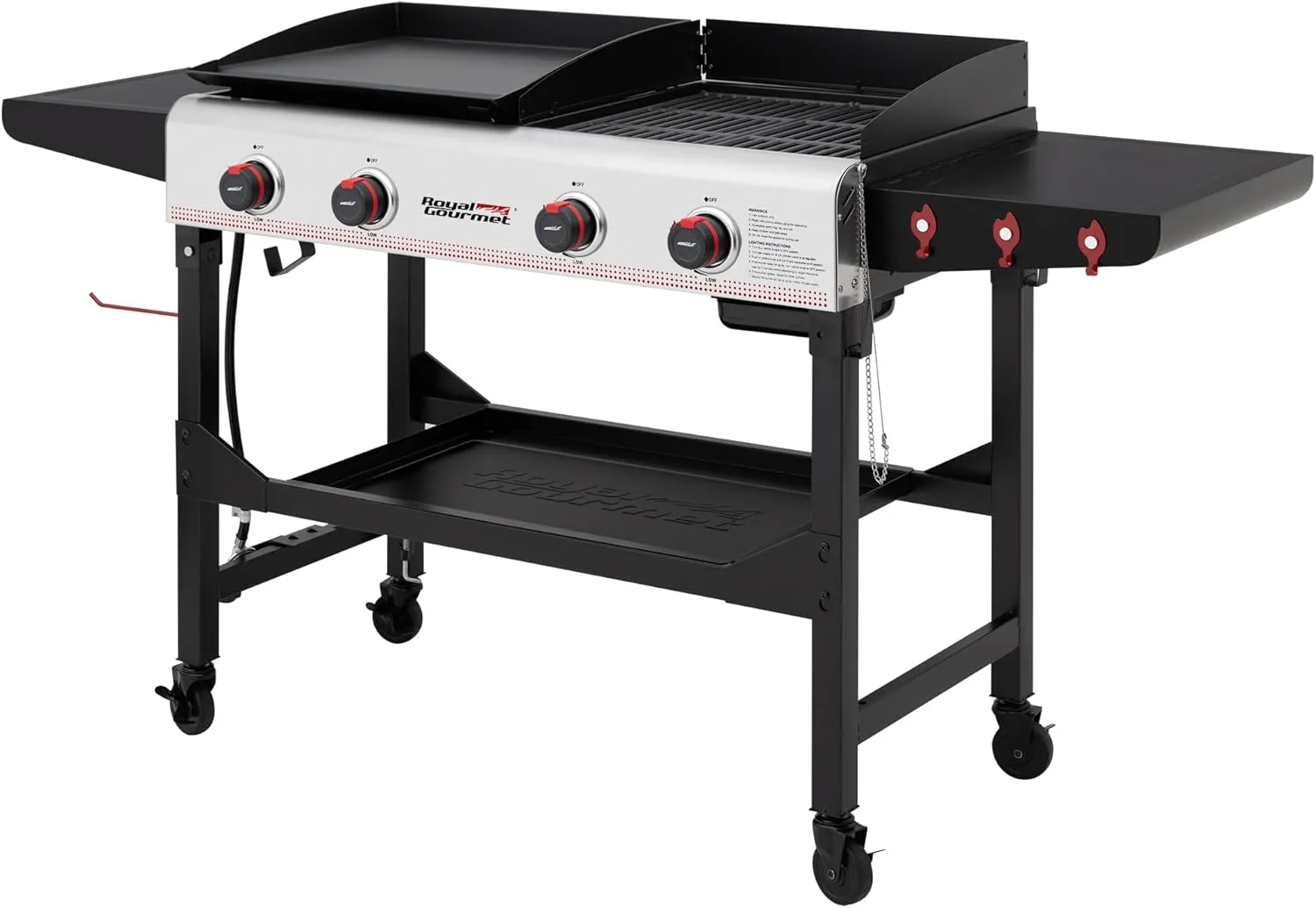 Royal Gourmet GD403 4-Burner Propane Gas Grill and Griddle Combo with Folding Legs, 48,000 BTUs, Portable Griddle Grill Combo for Outdoor Cooking While Camping or Tailgating, Black & Silver