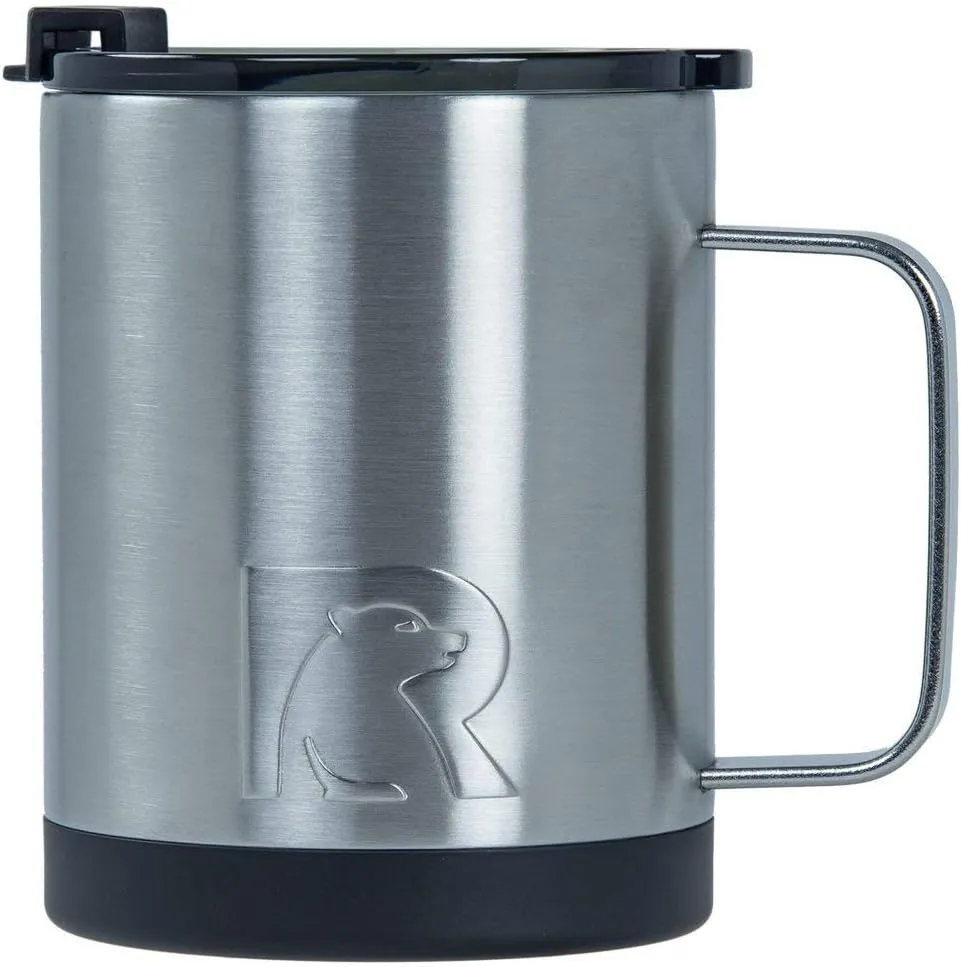 RTIC Coffee Mug with Handle, 12oz, Brush Steele, Portable Travel Thermal Camping Cup, Vacuum-Insulated with Lid, Stainless Steel, Sweat Proof, Keeps Hot & Cold Longer