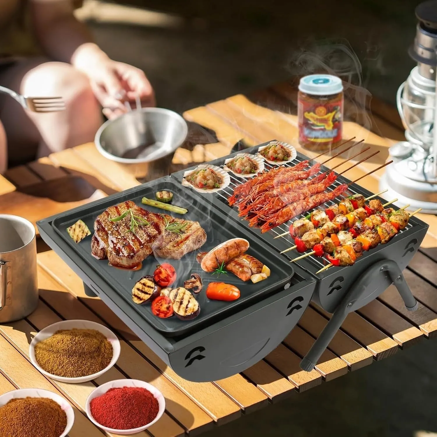 RUVOO BBQ Grill Portable Double Side Charcoal Grill Outdoor Tabletop Barbecue Grill BBQ Grill for Cooking(White)