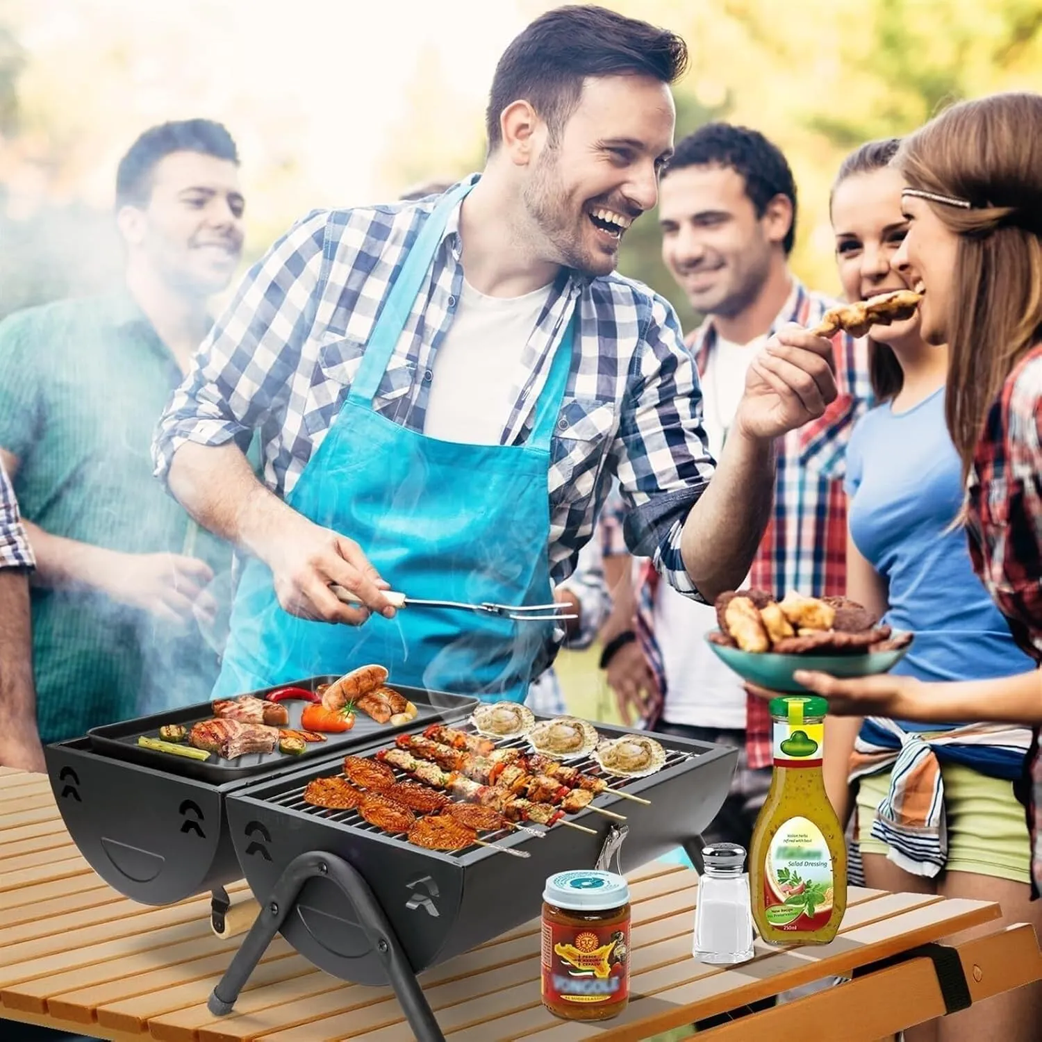 RUVOO BBQ Grill Portable Double Side Charcoal Grill Outdoor Tabletop Barbecue Grill BBQ Grill for Cooking(White)