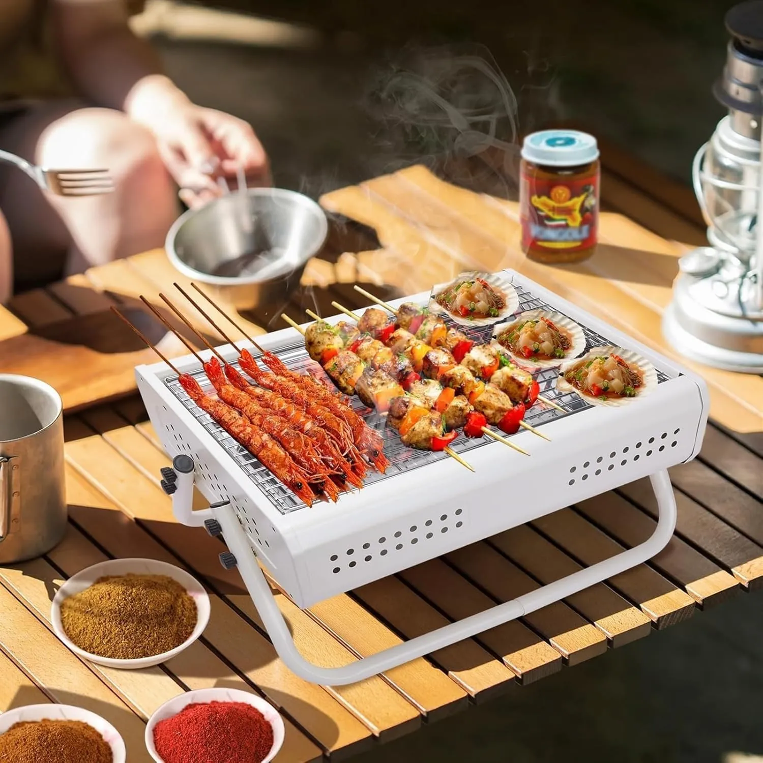 RUVOO BBQ Grill Tabletop Charcoal Grill with Handle Portable BBQ Grill Outdoor Barbecue Grill for Camping Picnic(White)
