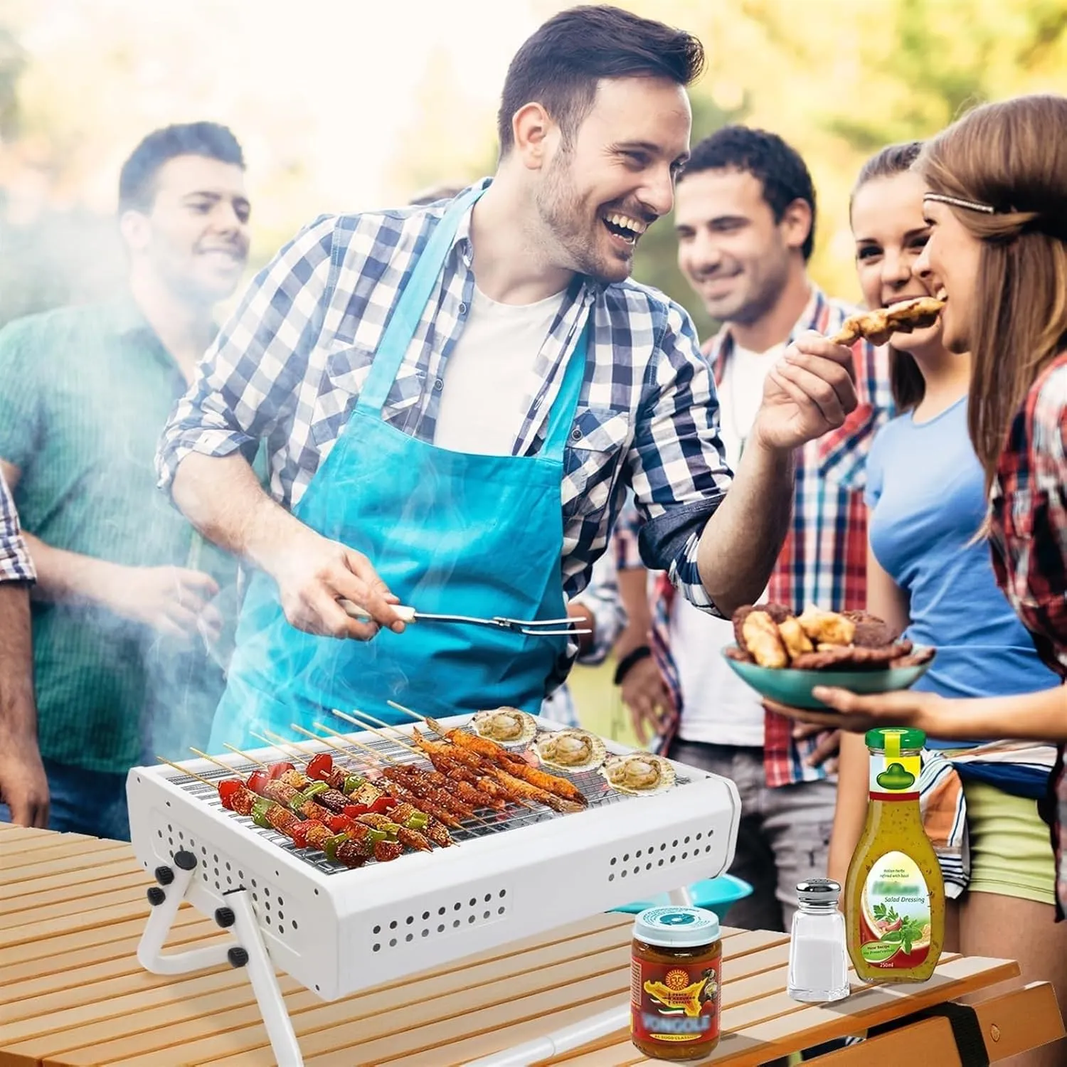 RUVOO BBQ Grill Tabletop Charcoal Grill with Handle Portable BBQ Grill Outdoor Barbecue Grill for Camping Picnic(White)