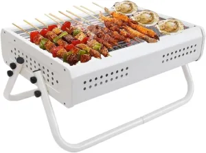 RUVOO BBQ Grill Tabletop Charcoal Grill with Handle Portable BBQ Grill Outdoor Barbecue Grill for Camping Picnic(White)