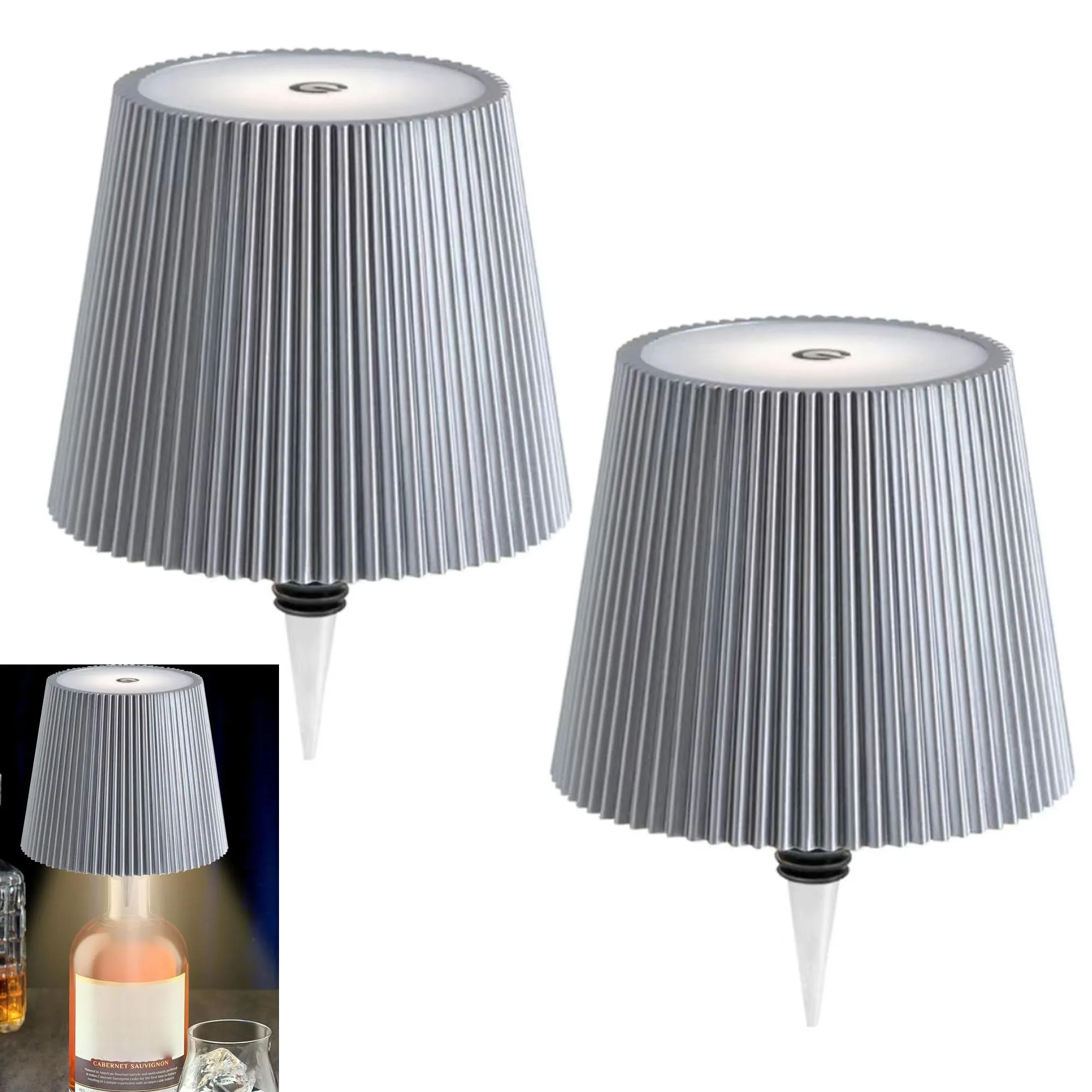Rynx | Aimars Thread Lamp Bottle, LED Wine Bottle Light Rechargeable Bottle Light, Stepless Dimming Table Lamp With 3 Color Temperatures For Bedroom/Restaurants/Bars/Outdoor Dining (Silver Stripe-2 Packs)