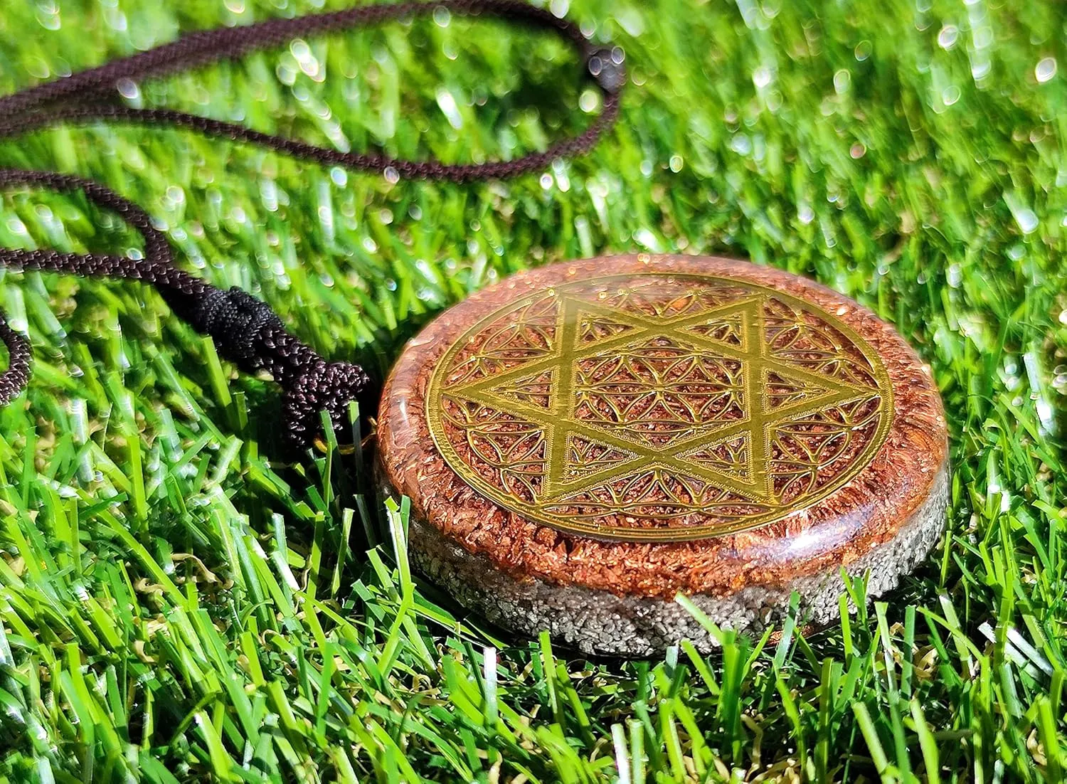 Sacred Geometry Orgone Reversible Pendant Necklace LARGE 2.25 inch 10.7cm (Star of David & Flower of Life)
