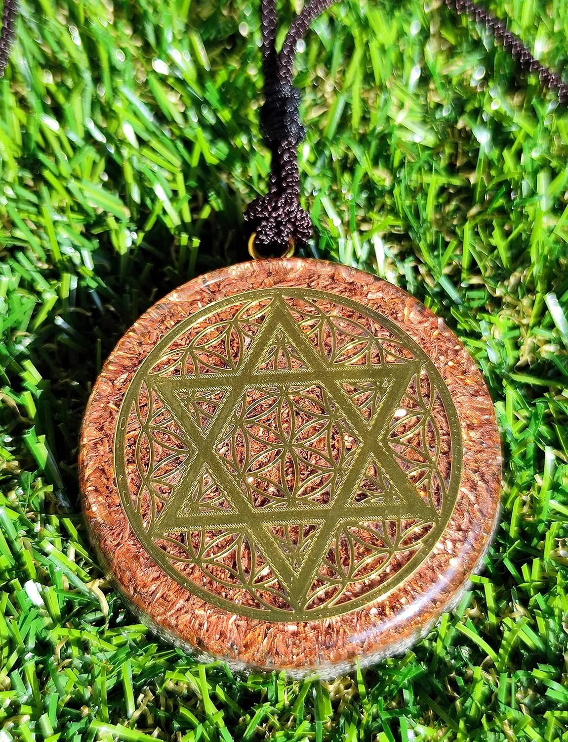 Sacred Geometry Orgone Reversible Pendant Necklace LARGE 2.25 inch 10.7cm (Star of David & Flower of Life)