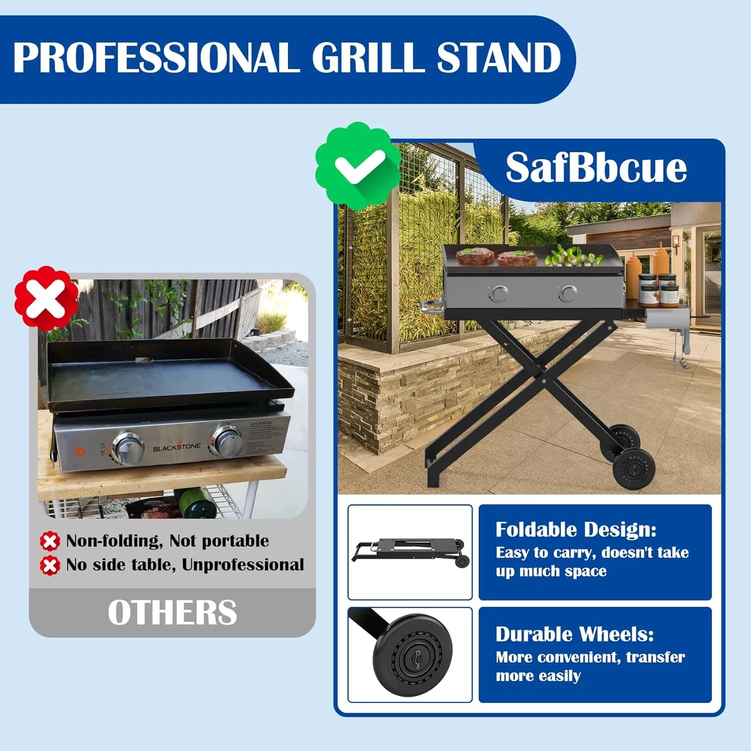 SafBbcue Portable Grill Table for Blackstone 22 Inch 17 Inch Tabletop Griddle Accessories Folding BBQ Table, Outdoor Grill Stand for Blackstone 22" 17" Griddle Stand with Wheels Side Table