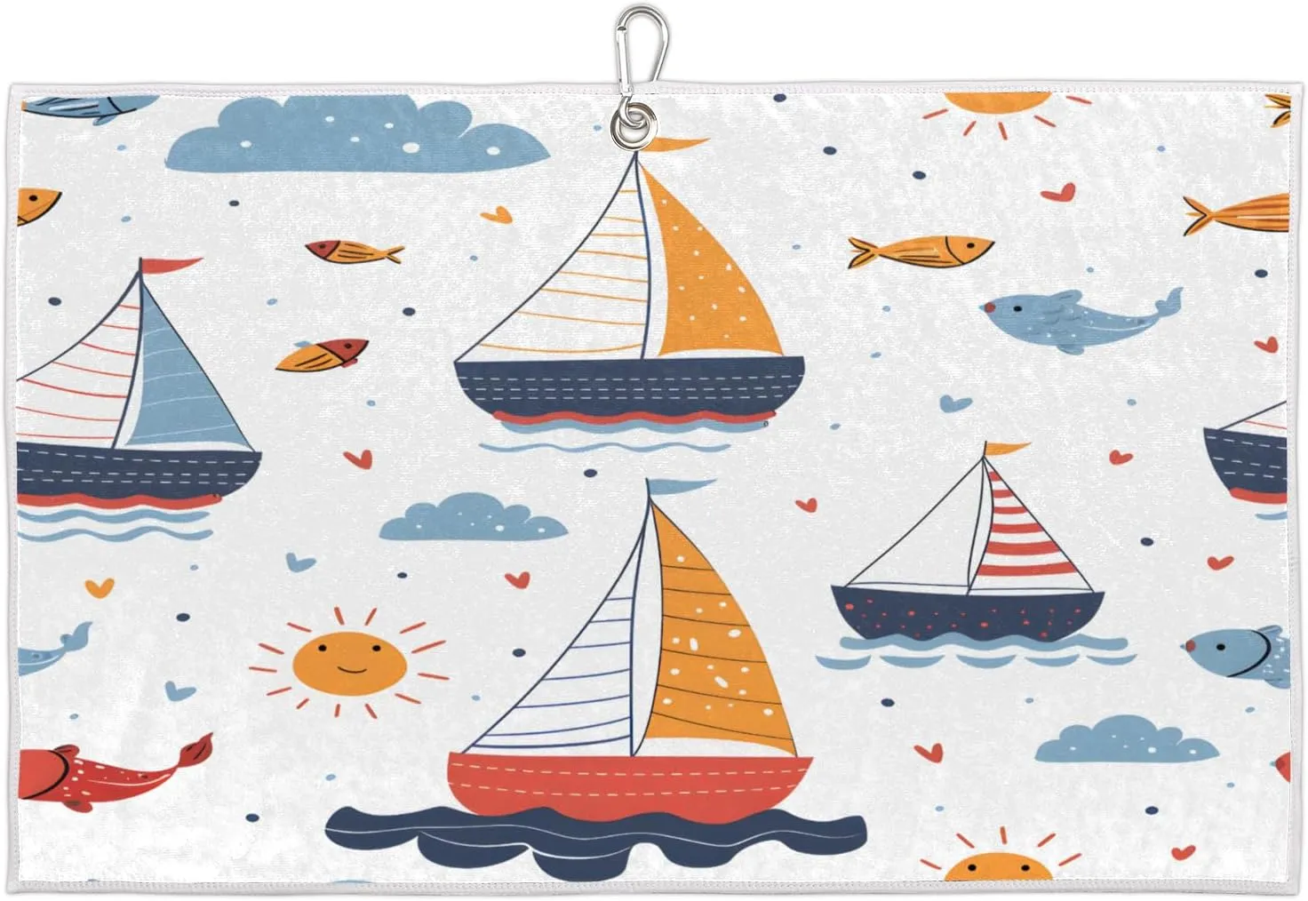 Sailboat Fish Sun Golf Towel with Heavy Duty Carabiner Clip Quick Dry Ultra Absorbent Club Ball Cleaning Towel Golf Accessories for Men Women