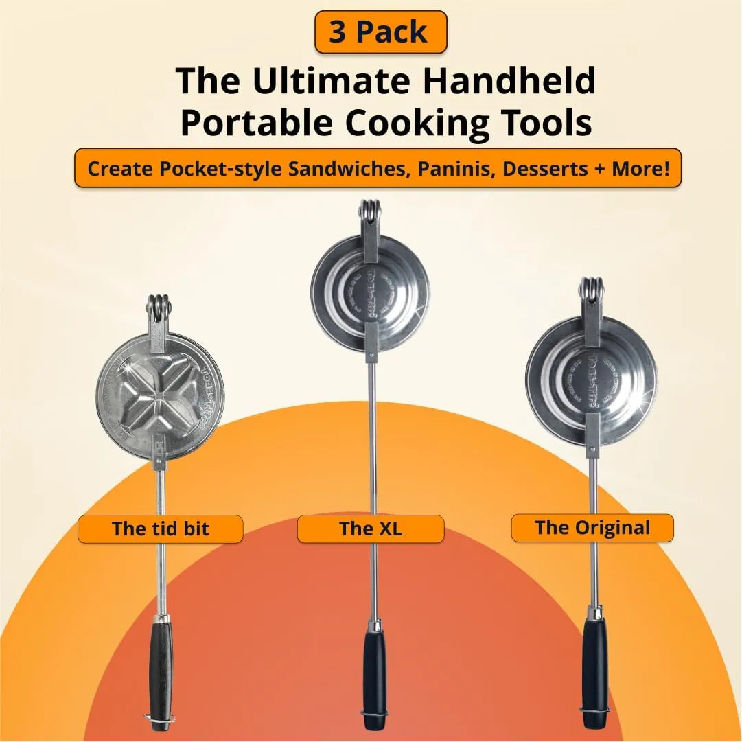 Sandwich Grill, Handheld Sandwich Maker, Hand Toaster, Panini & Sandwich Press for Hot Sandwiches, Pies - Best for RV Camper, Stovetop, Grill, Tool for Portable Cooking 3-Pack