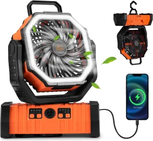 SanHima Camping Fan with LED Light - 20000mAh Rechargeable Battery Powered Portable Fan w/ 360° Rotation Hook, 4 Speed Oscillation Cordless USB Desk Fan for Tent Travel Home Office Beach Fishing