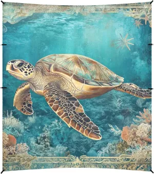 Sea Turtle Corals Retro Beach Tent UPF50  Protection Lightweight Large Sun Shelter with Sandbags, Sand Shovel, Poles for Family Trips, Picnics & Camping