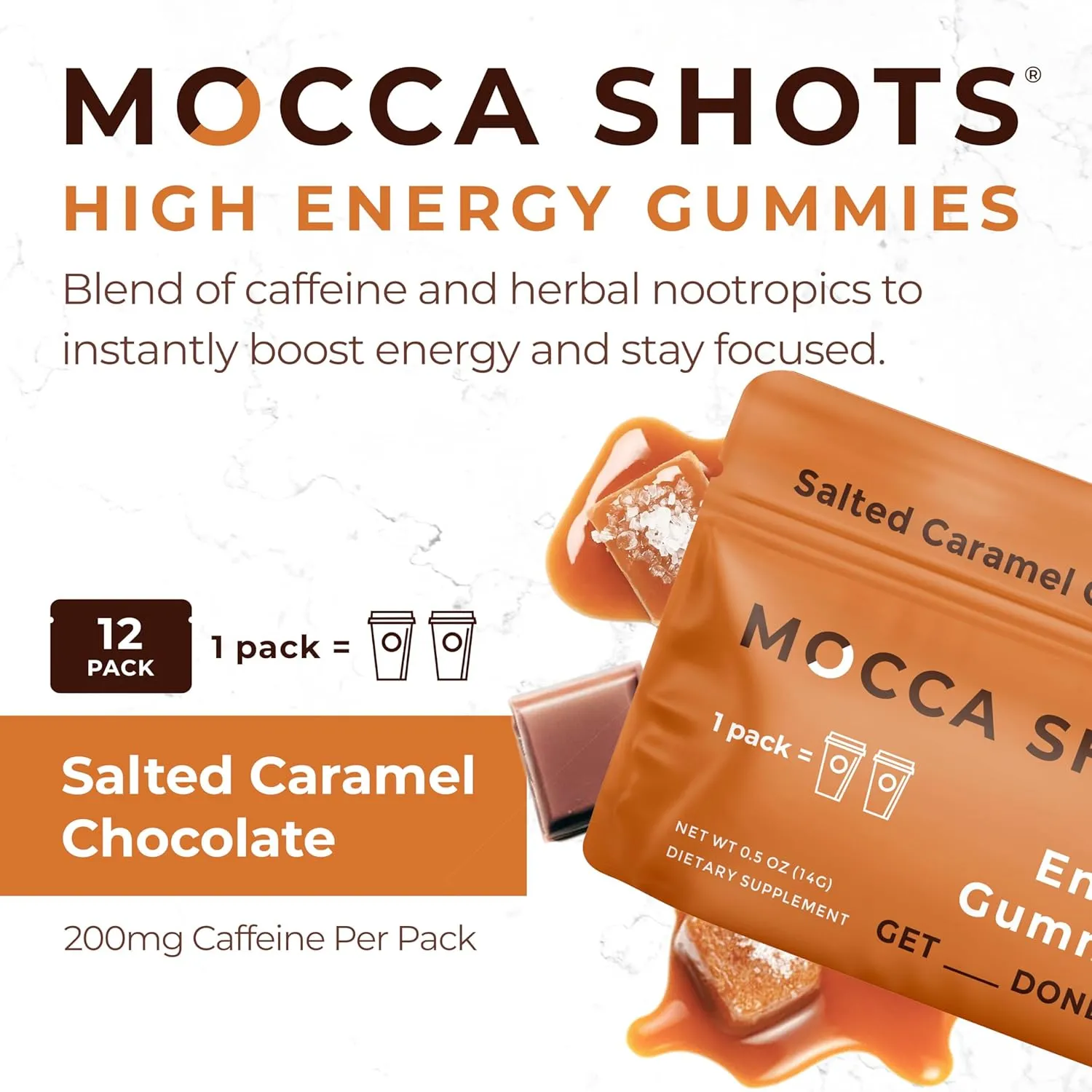 Seattle Gummy Company Caffeine Energy Gummies 12-Pack, Salted Caramel Chocolate Mocca Energy Chews, Nootropic, Vegan, Plant-Based, Gluten Free, 200mg Caffeine