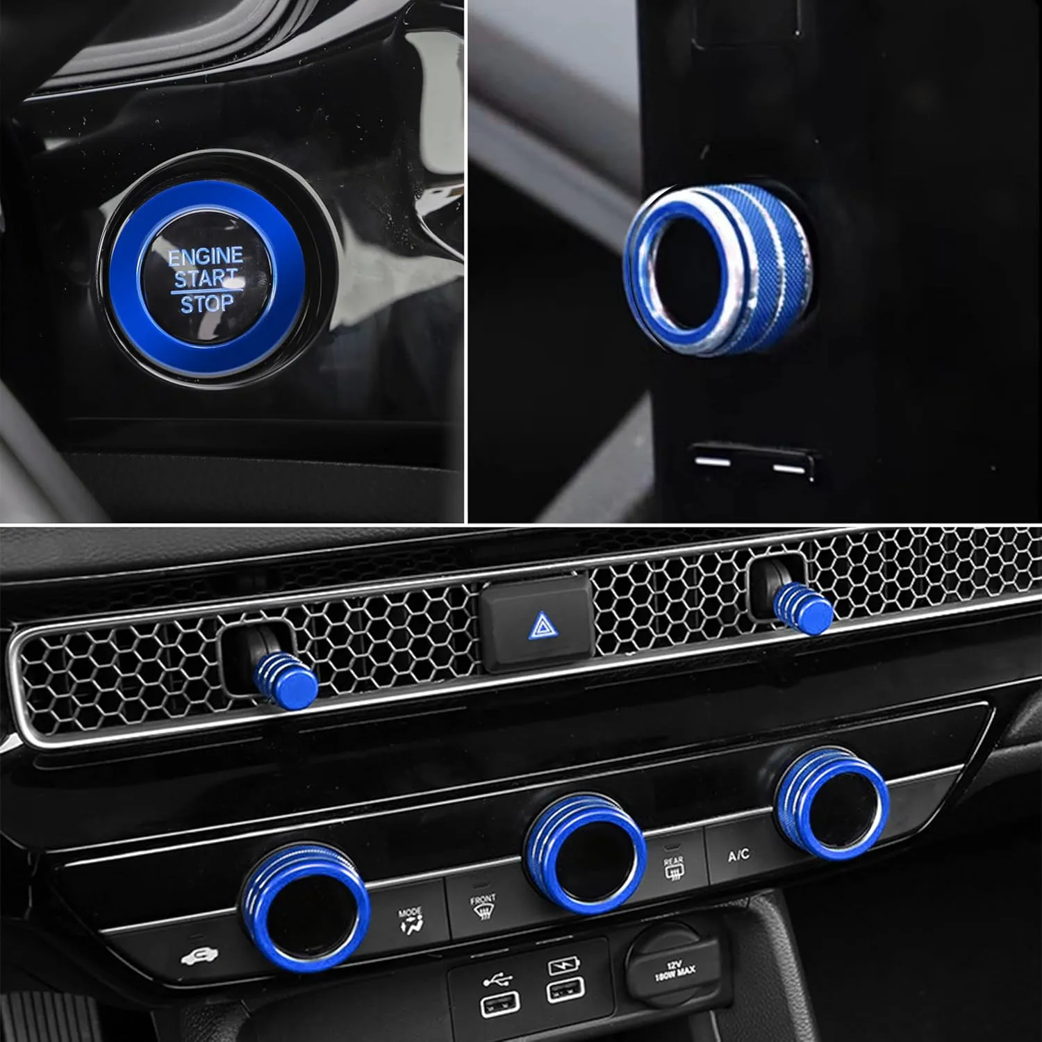 SENSHINE Air Conditioning, Vent Knob Cover for Honda Civic Accessories 2022 2023 2024 2025 for Honda CRV 2023 2024 2025 for Acura Integra 2023 2024 2025 Start/Stop Push Button Ring Trim 10Pcs (Blue)