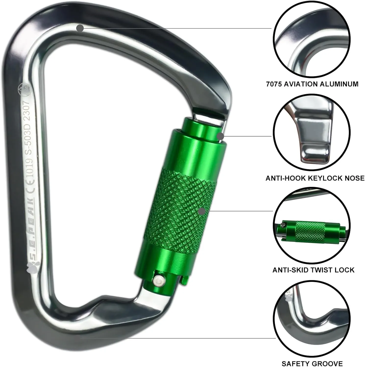 SEPEAK UIAA 30kN Climbing Carabiner Clips, Professional Heavy Duty Twist Locking Carabiners for Climbing,Mountaineering, Rappelling, Camping, Hiking, Swings, Large D Ring Hooks
