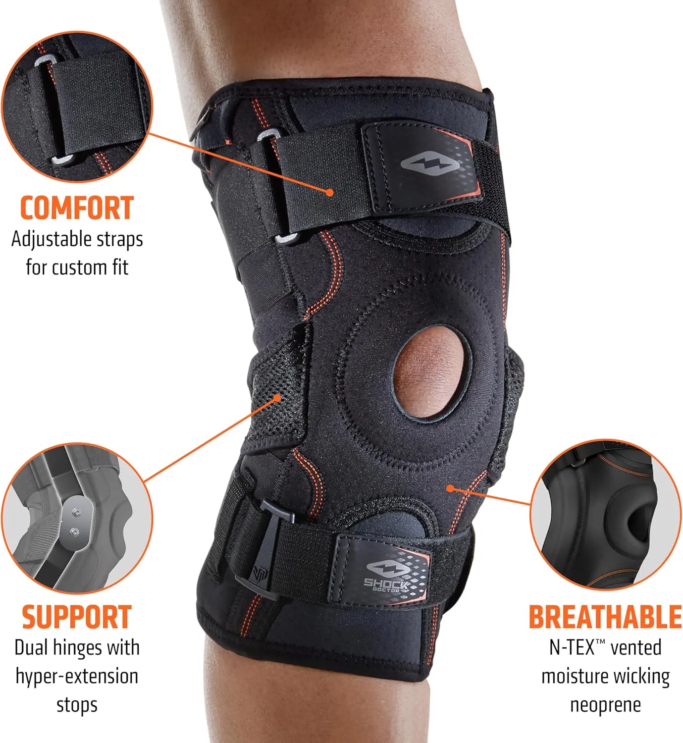 Shock Doctor 872 Knee Brace, Knee Support for Stability, ACL/PCL Injuries, Patella Support, Prevent Hyperextension, Meniscus Injuries, Ligament Sprains for Men & Women