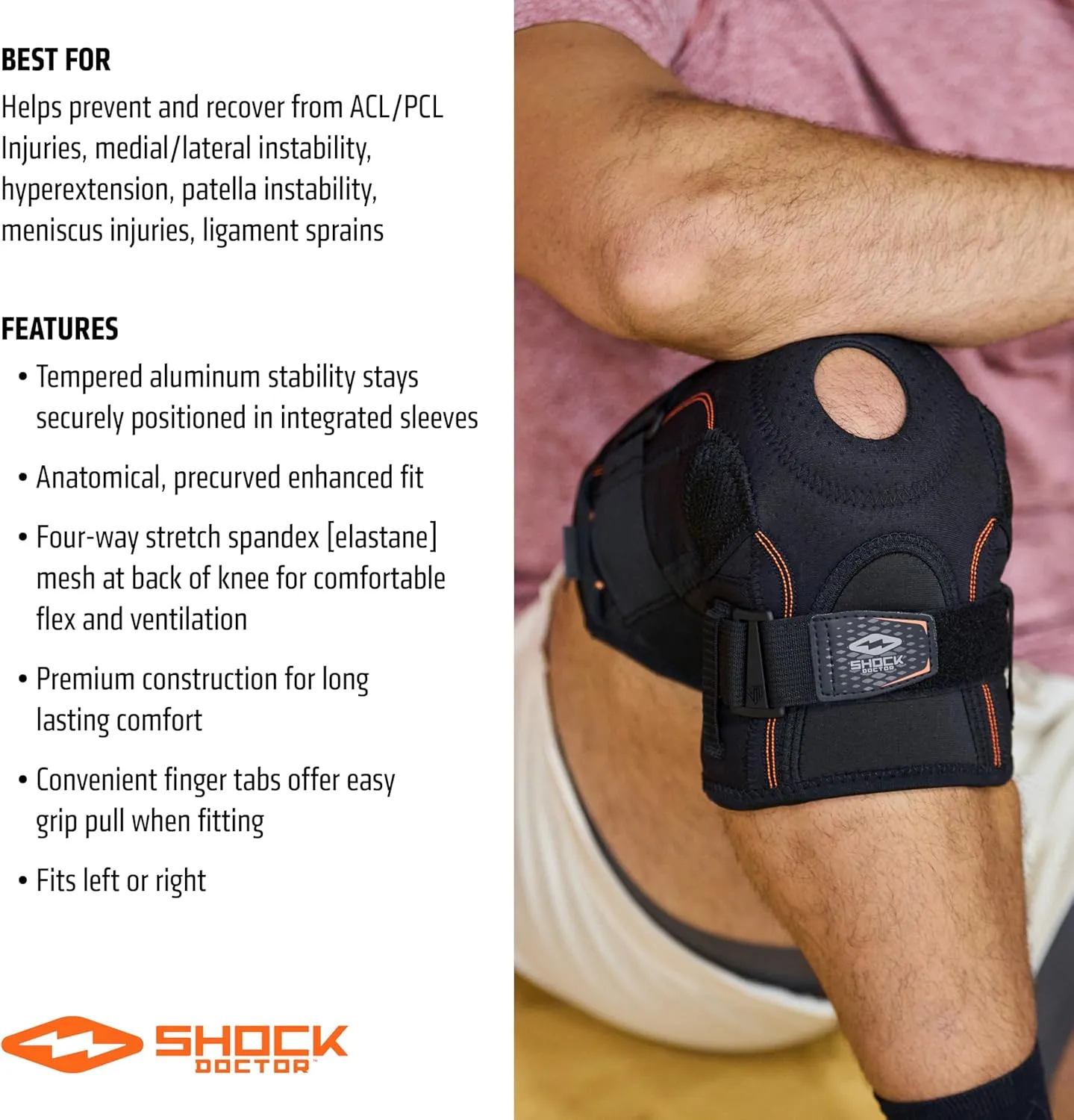 Shock Doctor 872 Knee Brace, Knee Support for Stability, ACL/PCL Injuries, Patella Support, Prevent Hyperextension, Meniscus Injuries, Ligament Sprains for Men & Women