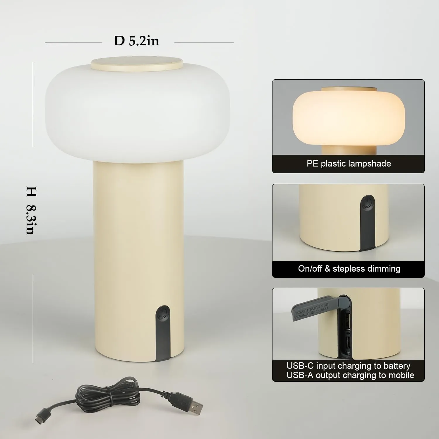 Shower Lamp Waterproof, Outdoor Cordless Table Lamp Rechargeable, Portable Battery Operated Lamp, Touch Dimmable Night Light for Bedroom/Patio/Dinning/Camping (Khaki)