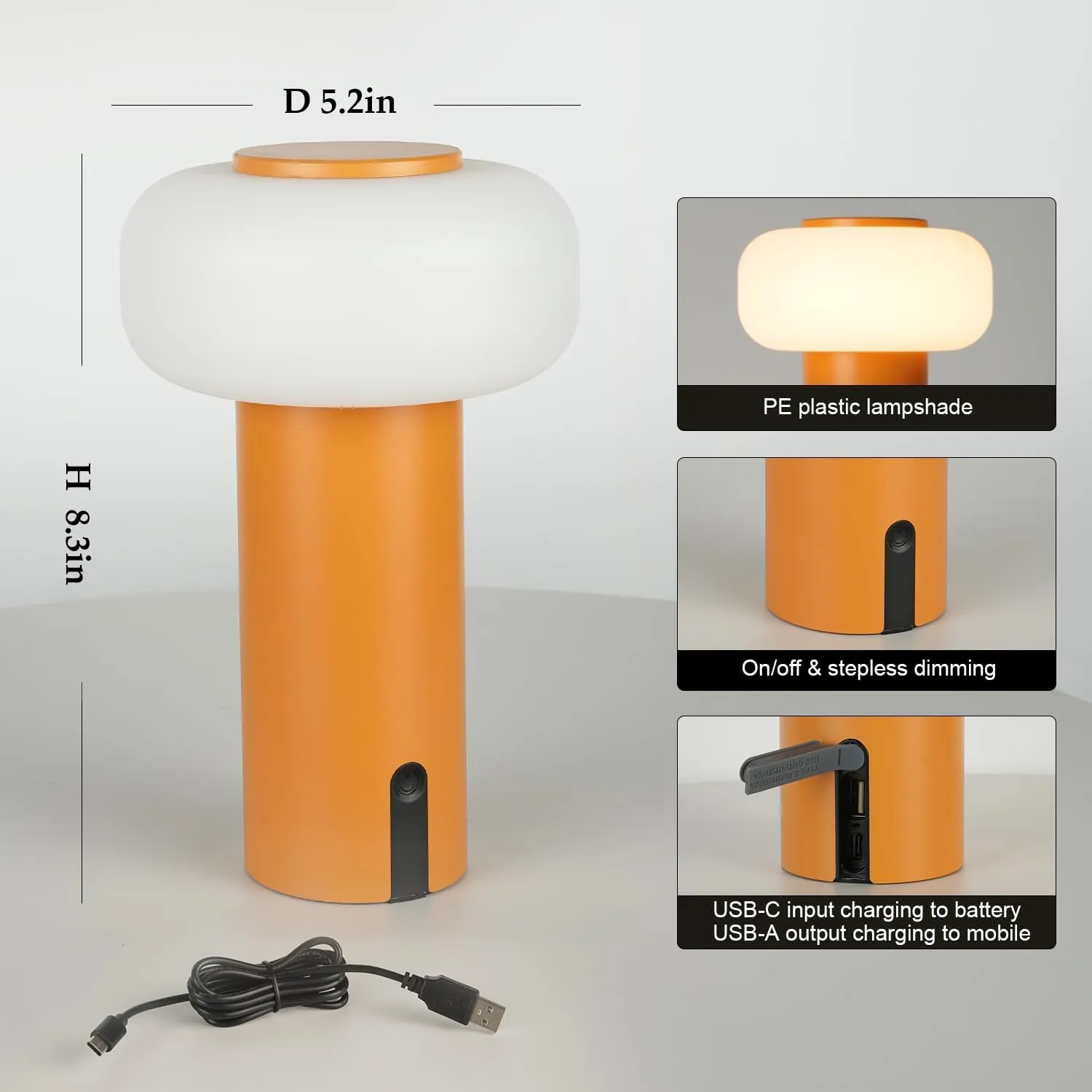 Shower Lamp Waterproof, Outdoor Cordless Table Lamp Rechargeable, Portable Battery Operated Lamp, Touch Dimmable Night Light for Bedroom/Patio/Dinning/Camping (Orange)