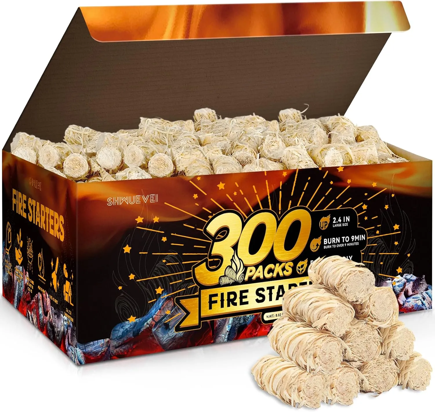 Shwuevei 300 pcs Fire Starter - Natural Fire Starters for Fireplace, Pellet Stove & Wood, Fire Pit, Smoker, BBQ, Chimney, Pizza Oven - Fire Starters for Grill, Charcoal Starter