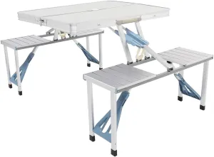 Siamese Folding Tables and Chairs 53"x 32" x 26" Portable Suitcase Camping Table with Umbrella Hole 4 Seats (Aluminum)