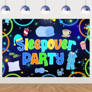 Sleepover Party Backdrop Boy Sleepover Decorations Pajama Pillow Nightcap Backdrop Neon Blue and Green Slumber Background Banner for Boys Pajama Party Bachelor Party Birthday Supplies 5x3ft