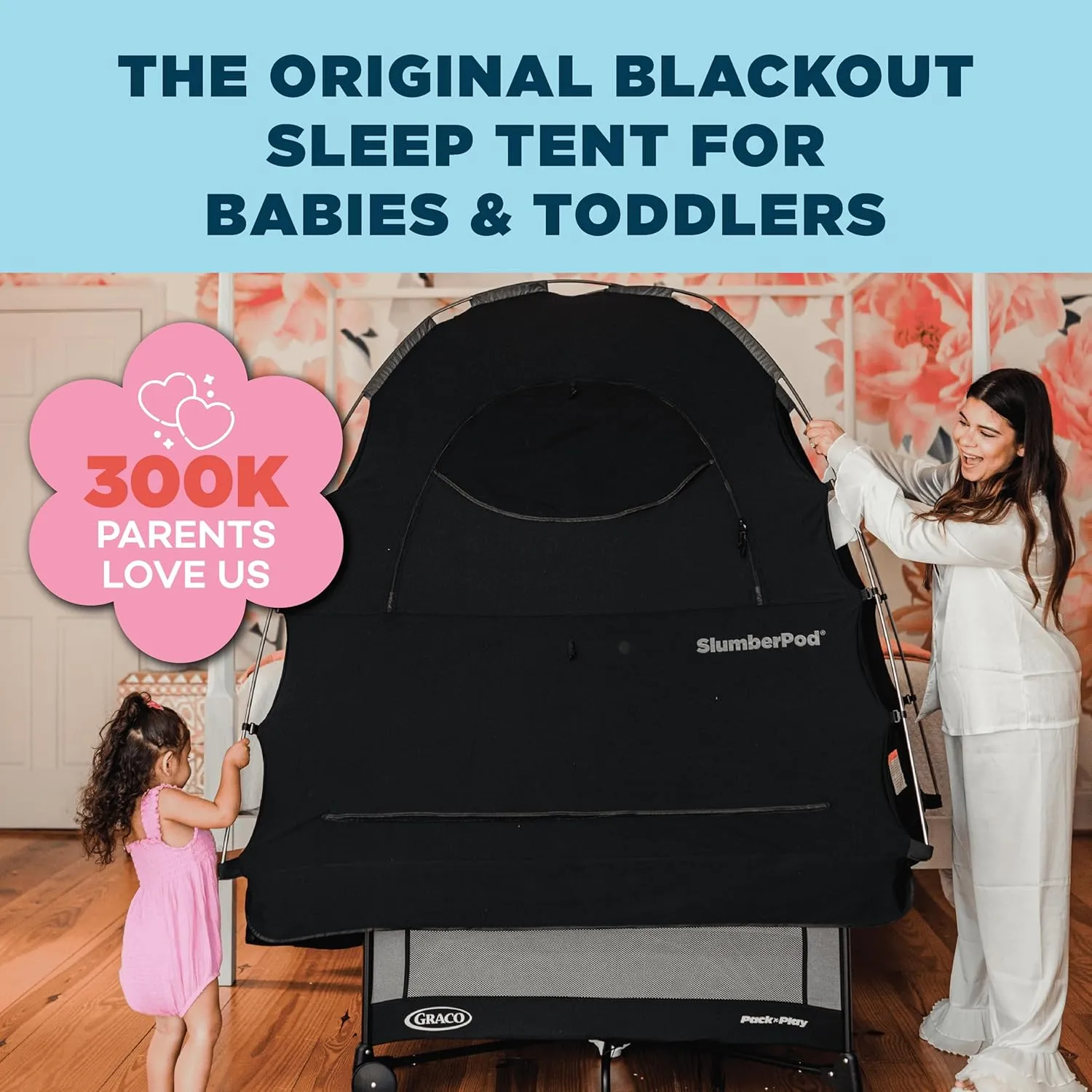 SlumberPod The Original Blackout Sleep Tent Travel Essential for Babies and Toddlers, Mini Crib and Pack N Play Cover, Sleep Pod for Kids with Monitor Pouch and Fan Pouch, Blocks 95%  Light, Black