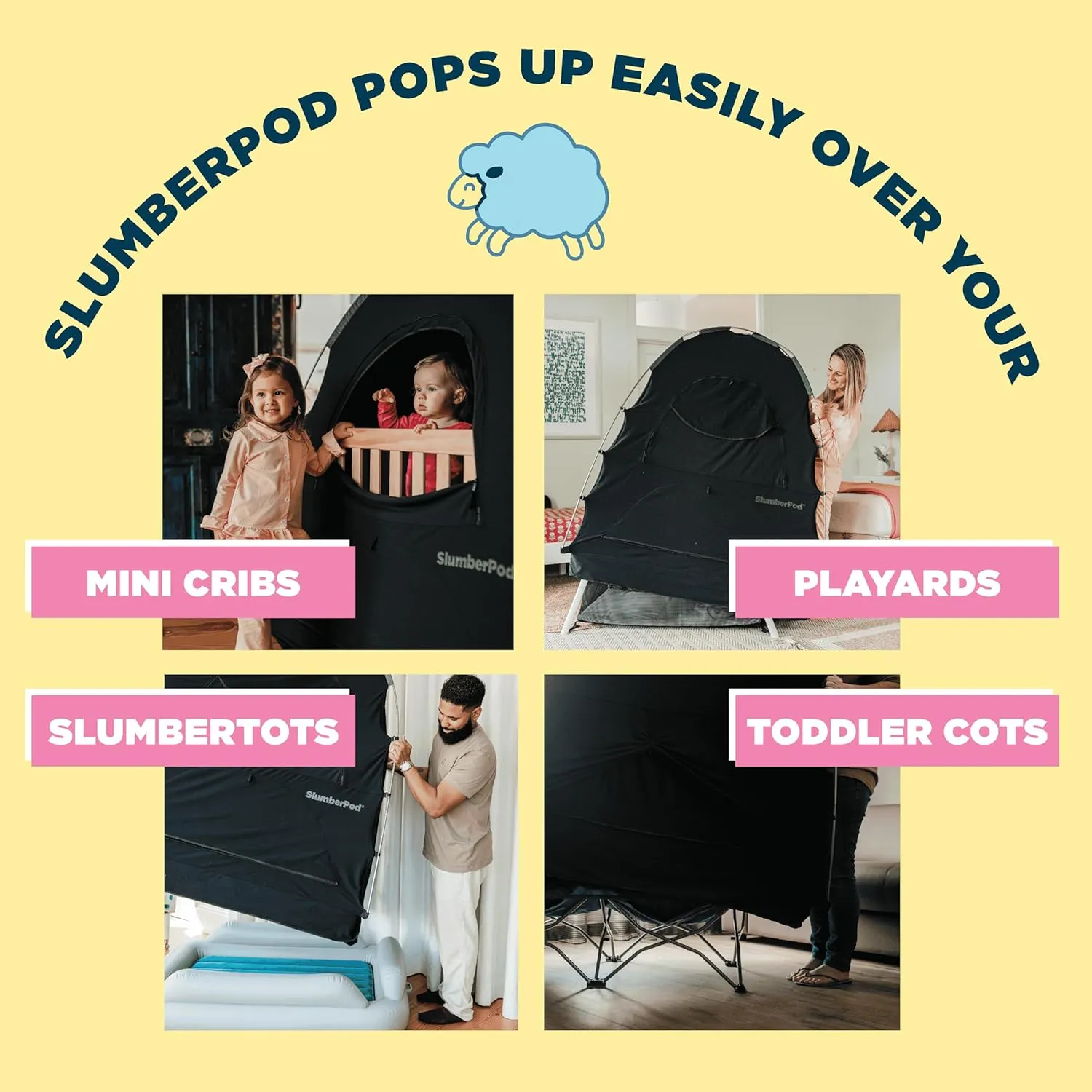 SlumberPod The Original Blackout Sleep Tent Travel Essential for Babies and Toddlers, Mini Crib and Pack N Play Cover, Sleep Pod for Kids with Monitor Pouch and Fan Pouch, Blocks 95%  Light, Black