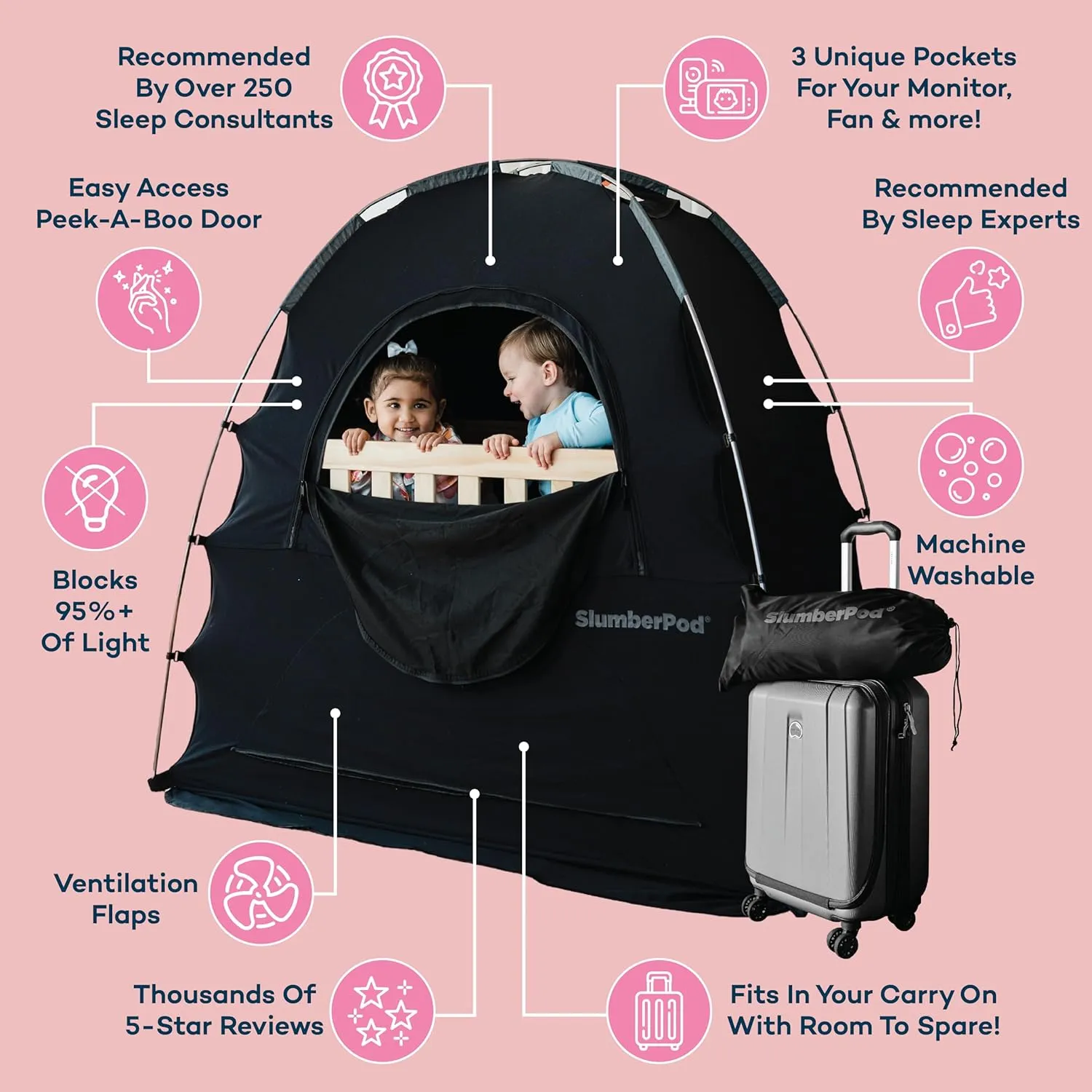SlumberPod The Original Blackout Sleep Tent Travel Essential for Babies and Toddlers, Mini Crib and Pack N Play Cover, Sleep Pod for Kids with Monitor Pouch and Fan Pouch, Blocks 95%  Light, Black