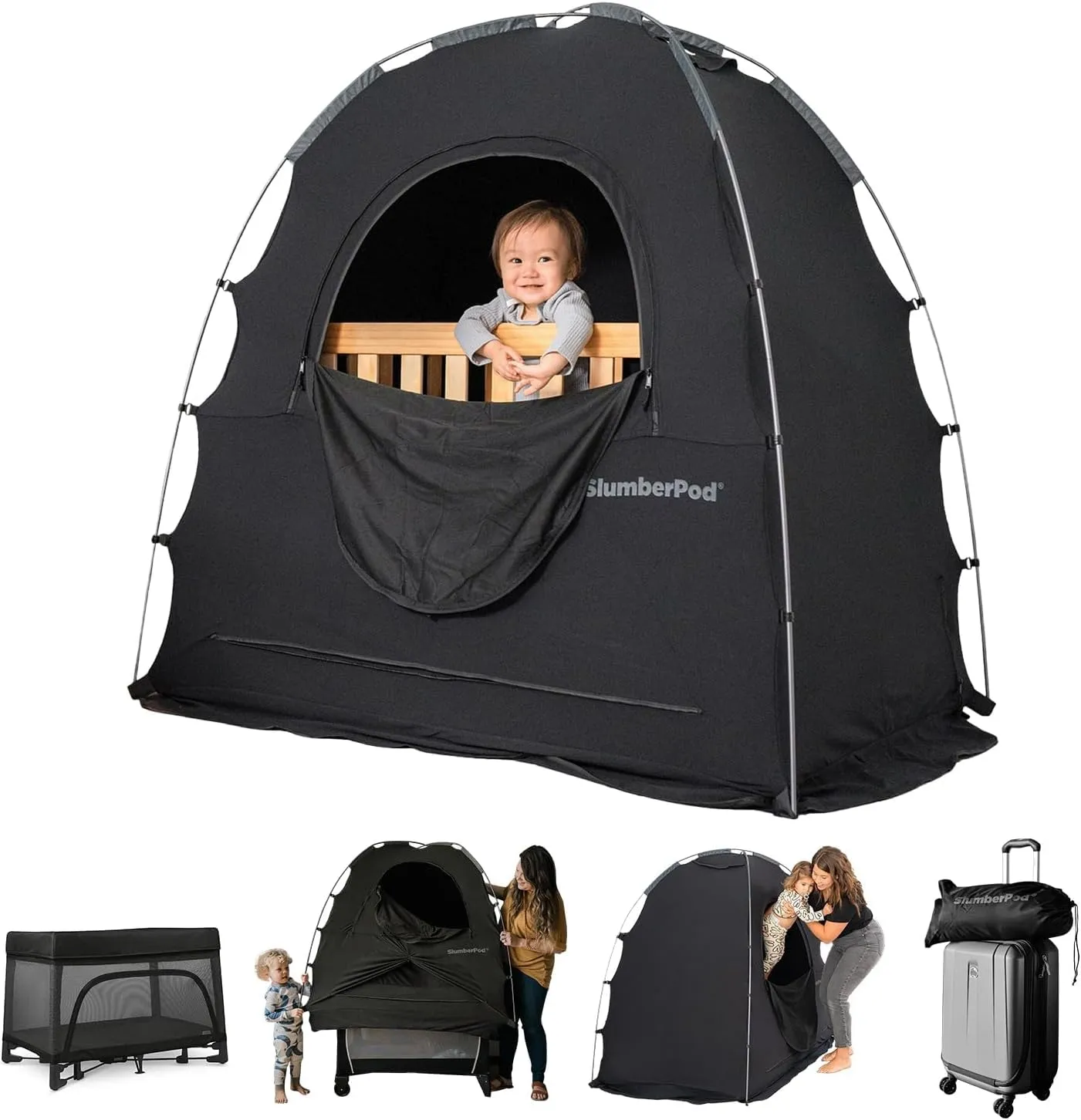 SlumberPod The Original Blackout Sleep Tent Travel Essential for Babies and Toddlers, Mini Crib and Pack N Play Cover, Sleep Pod for Kids with Monitor Pouch and Fan Pouch, Blocks 95%  Light, Black