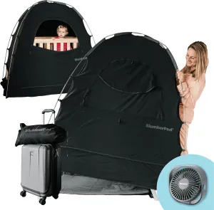 SlumberPod with Fan The Original Blackout Sleep Tent Travel Essential for Baby and Toddlers, Mini Crib and Pack n Play Cover, Sleep Pod with Monitor Pouch and Fan Pouch, Blocks 95%  Light, Black