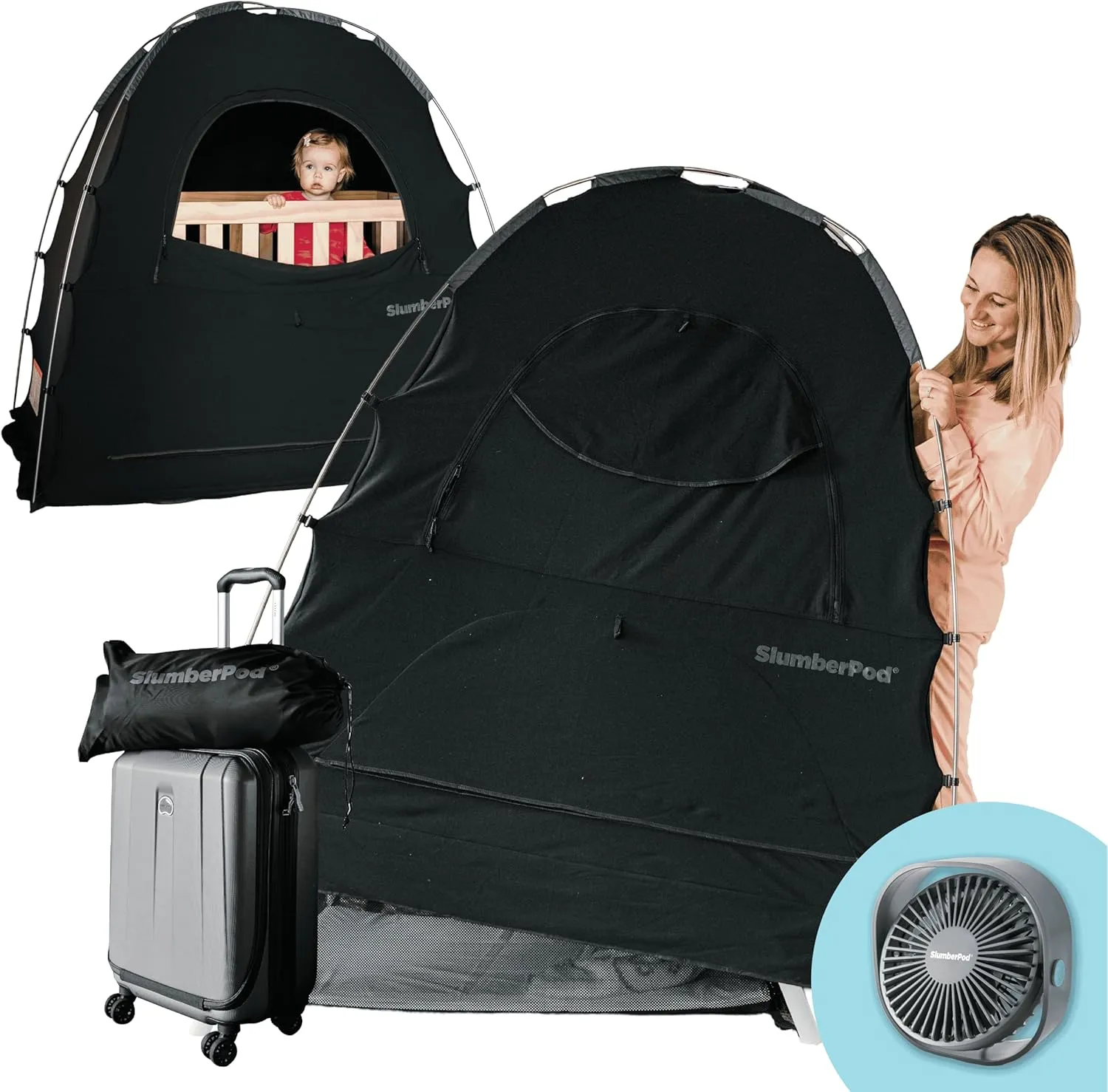 SlumberPod with Fan The Original Blackout Sleep Tent Travel Essential for Baby and Toddlers, Mini Crib and Pack n Play Cover, Sleep Pod with Monitor Pouch and Fan Pouch, Blocks 95%  Light, Black