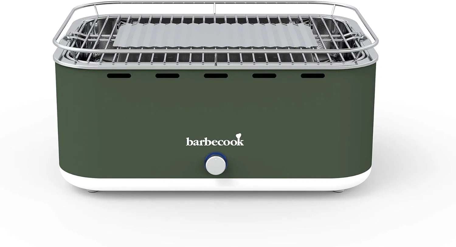 Smokeless Charcoal Barbecue Table Grill with Carry Bag Suitable for Balcony as Outdoor Camping Grill with Built-in Fan Dishwasher Safe Green