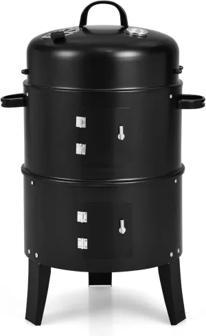 Smoker Grill，3-in-1 Outdoor Smokers, Charcoal Grills Cambo with Built-in Thermometer for BBQ