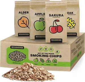 Smoking Wood Chips Smoker - Set of 4 - Apple Wood Chips for Smoker, BBQ Wood Chips for Smoking - Cherry, Alder, Oak, Hickory Wood Chips for Smoker, Smoker Wood Chips for Grilling - 4 Pack 1 lb Each