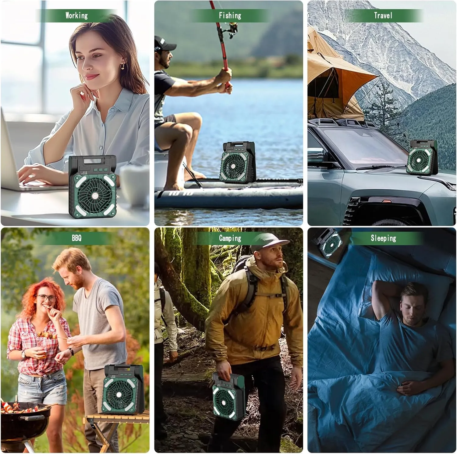Solar Powered Portable Camping Fan,10400mAh rechargeable Solar Power Cordless Battery Fan with LED Lantern | 4 Wind Speeds Adjustable | 3 Timers Modes | Quiet , Perfect for Tent, Fishing ,Picnic